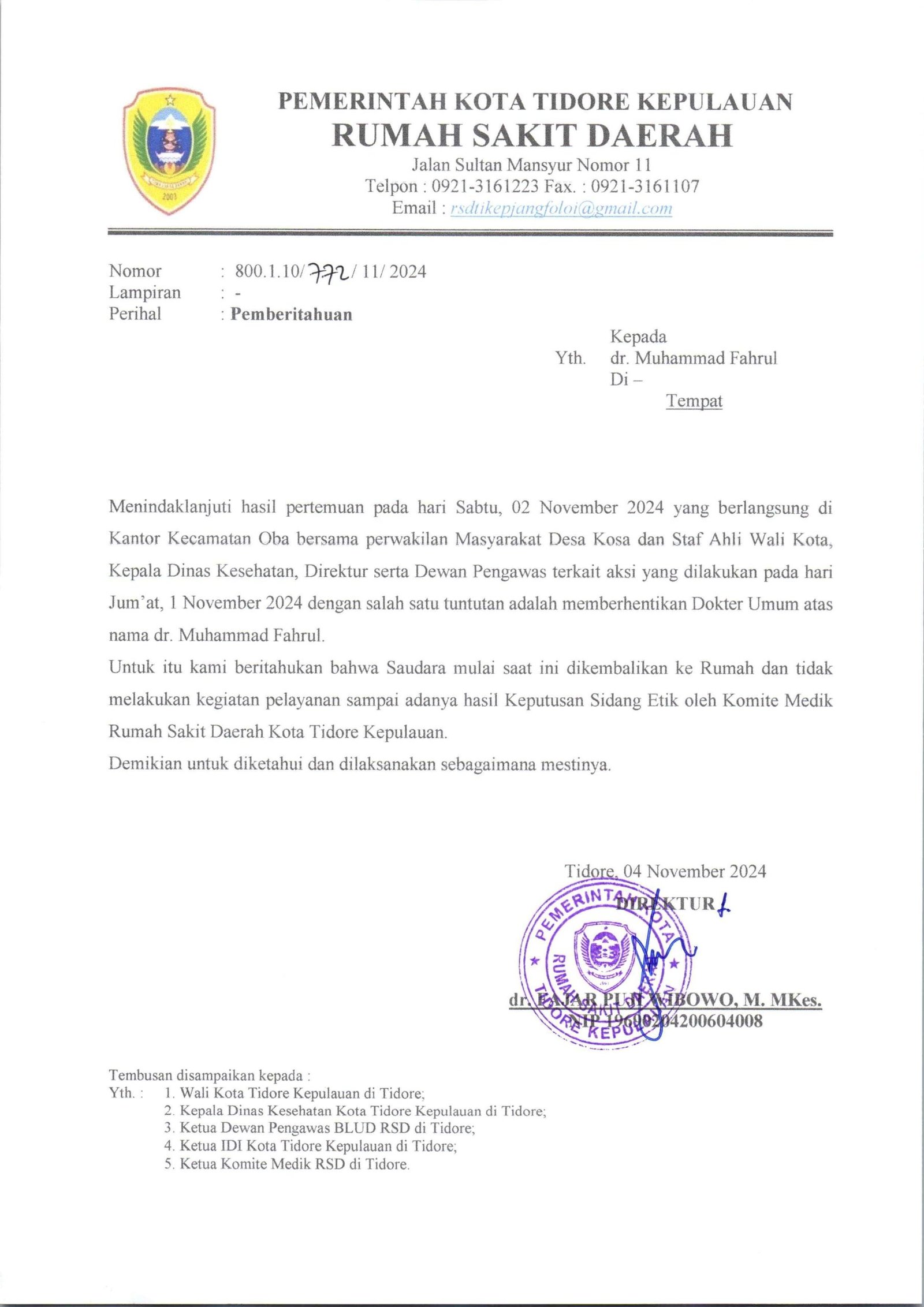 Direktur RSUD : Kami Sudah Mengeluarkan Surat Pemberhentian dr. Muhammad Fahrul