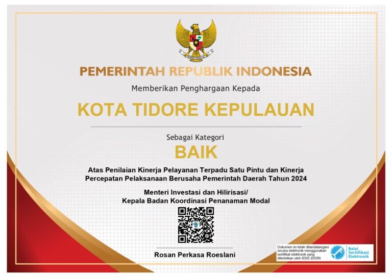 DPMPTSP Kota Tidore Sabet Penghargaan atas Kinerja Kategori Baik dari Kementerian Investasi dan Hilirisasi BKPM