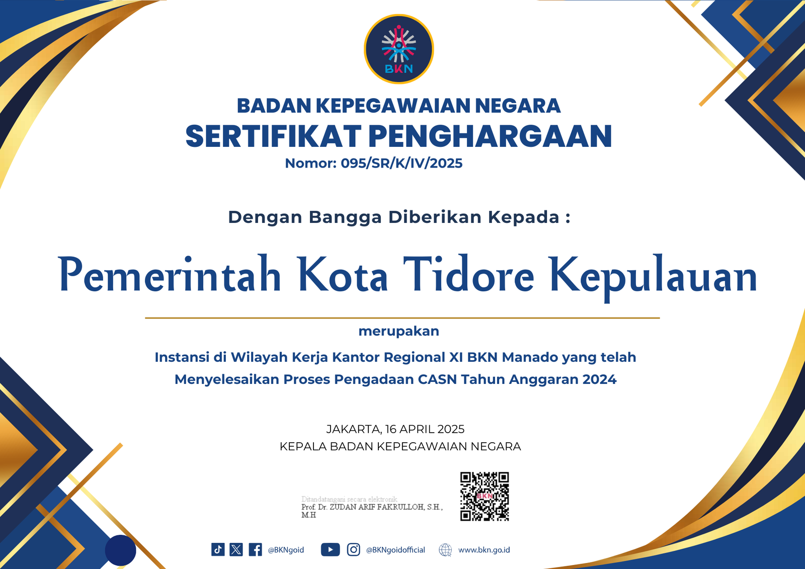 Pemkot Tidore Sabet Penghargaan dari BKN atas Keberhasilan Menyelesaikan CASN T.A 2024