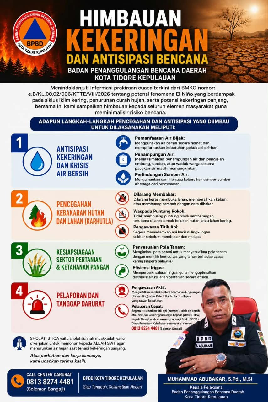 BPBD Tidore Keluarkan Himbauan Antisipasi Karhutla, Kekeringan dan Krisis Air Bersih